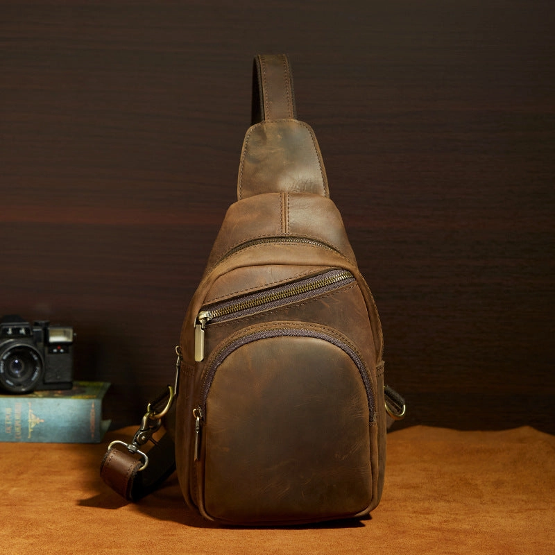 Cool Vintage Brown Leather Chest Bag Sling Bags Crossbody Sling Bag One Shoulder Backpack For Men