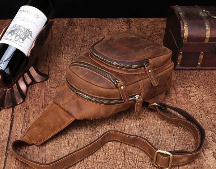 Cool Vintage Brown Leather Chest Bag Sling Bags Crossbody Sling Bag One Shoulder Backpack For Men