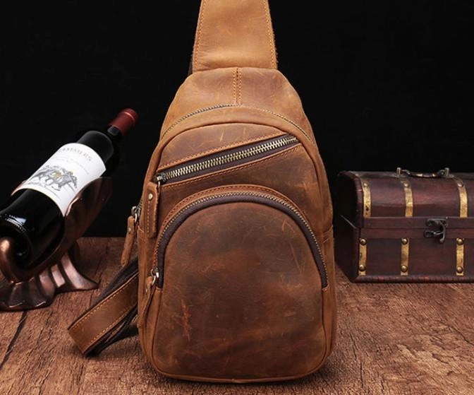 Cool Vintage Brown Leather Chest Bag Sling Bags Crossbody Sling Bag One Shoulder Backpack For Men