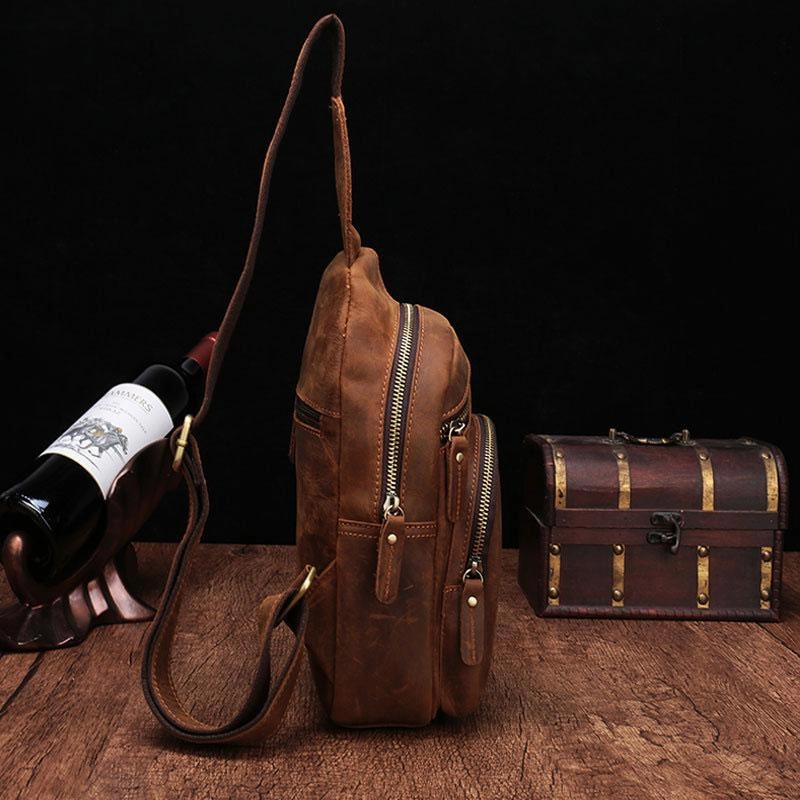 Cool Vintage Brown Leather Chest Bag Sling Bags Crossbody Sling Bag One Shoulder Backpack For Men