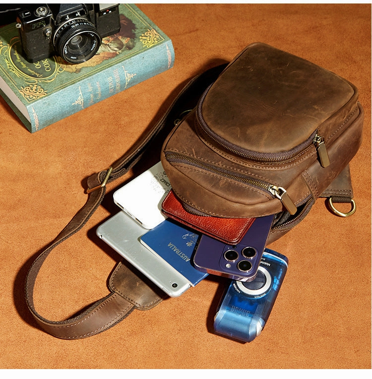 Cool Vintage Brown Leather Chest Bag Sling Bags Crossbody Sling Bag One Shoulder Backpack For Men