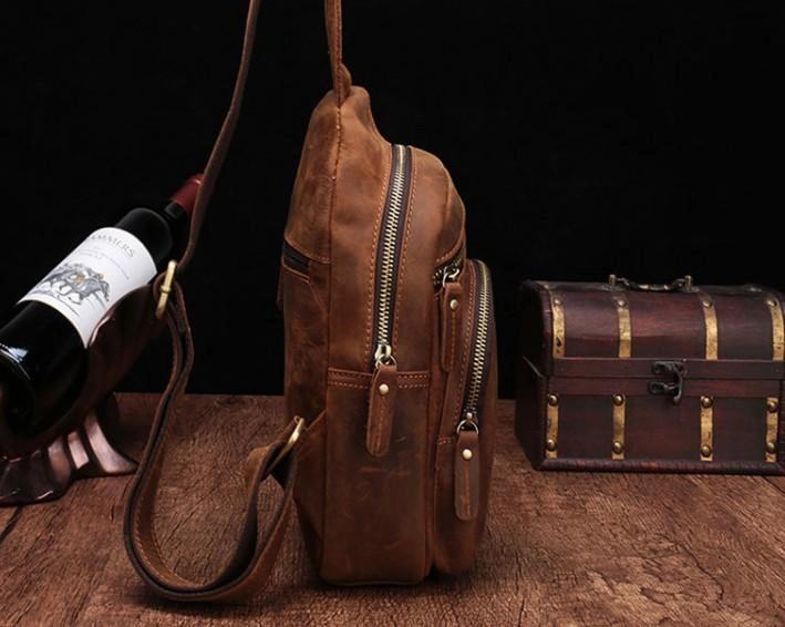 Cool Vintage Brown Leather Chest Bag Sling Bags Crossbody Sling Bag One Shoulder Backpack For Men