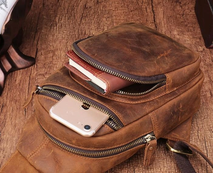 Cool Vintage Brown Leather Chest Bag Sling Bags Crossbody Sling Bag One Shoulder Backpack For Men