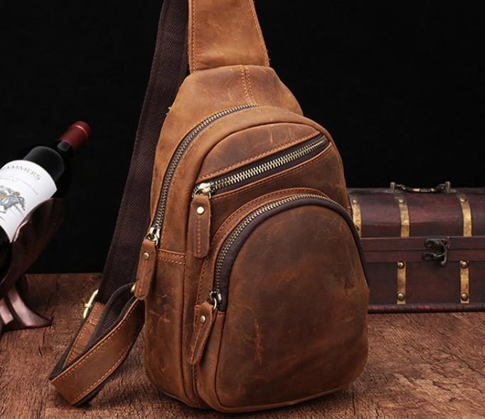 Cool Vintage Brown Leather Chest Bag Sling Bags Crossbody Sling Bag One Shoulder Backpack For Men