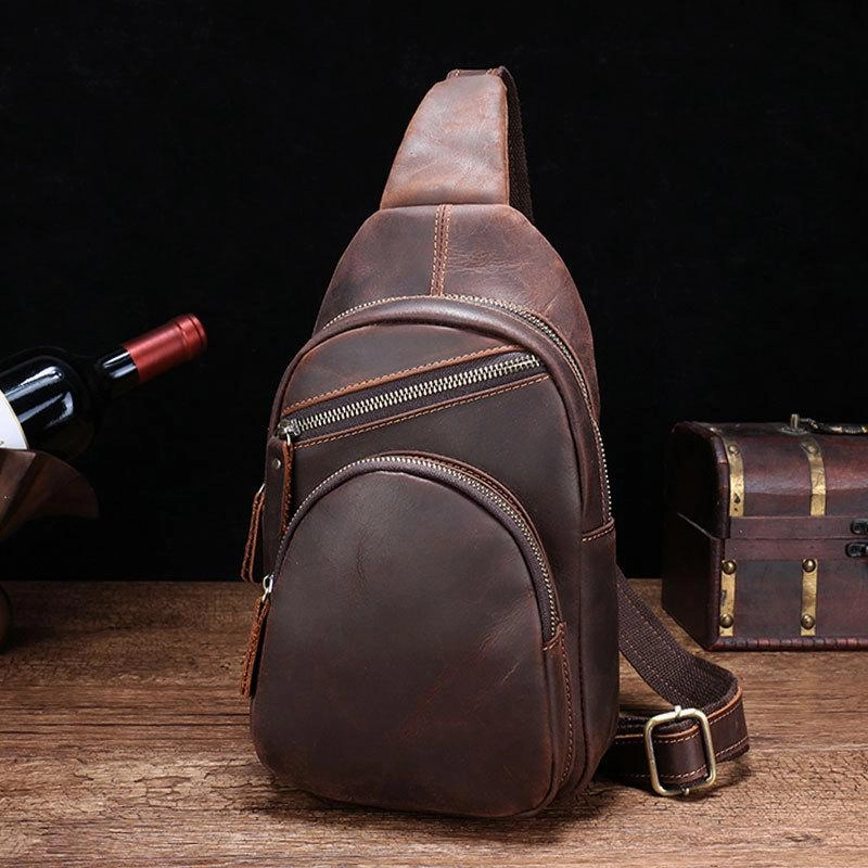 Cool Vintage Brown Leather Chest Bag Sling Bags Crossbody Sling Bag One Shoulder Backpack For Men
