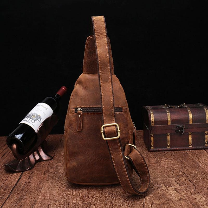 Cool Vintage Brown Leather Chest Bag Sling Bags Crossbody Sling Bag One Shoulder Backpack For Men