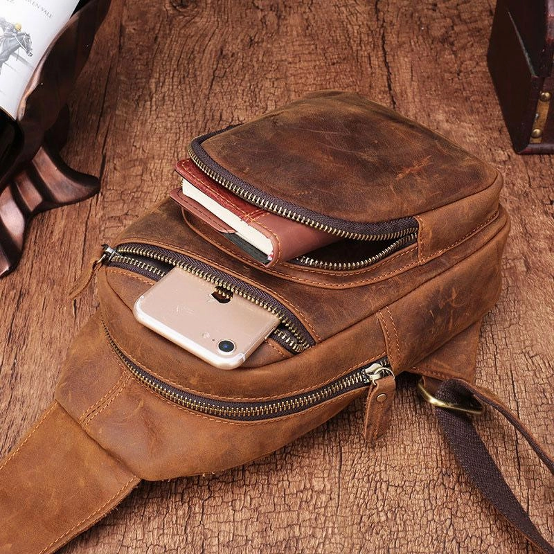 Cool Vintage Brown Leather Chest Bag Sling Bags Crossbody Sling Bag One Shoulder Backpack For Men