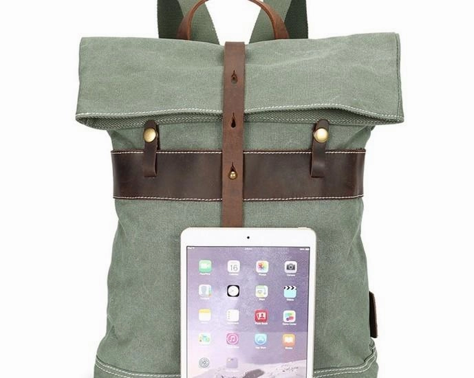 Cool Waxed Canvas Gray Leather Mens Backpack Canvas Travel Backpack Canvas School Backpack for Men