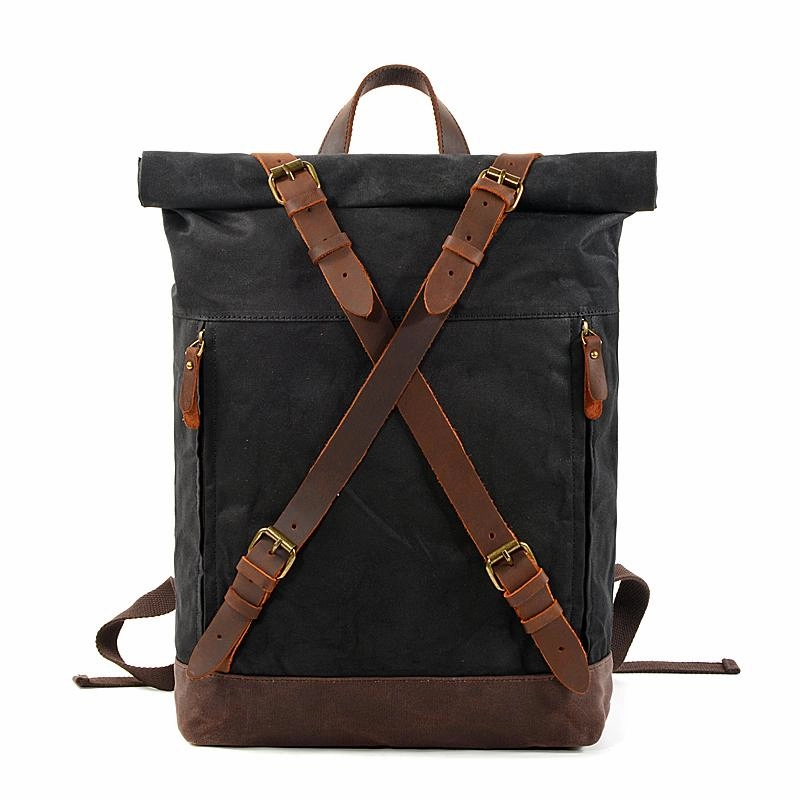 Cool Waxed Canvas Leather Mens 15.6???? Black Hiking Backpack Green Travel Backpack for Men