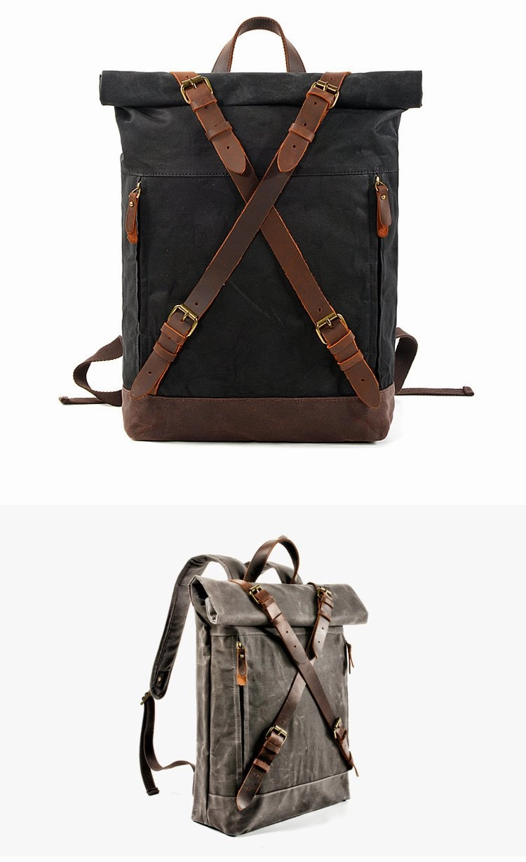 Cool Waxed Canvas Leather Mens 15.6???? Black Hiking Backpack Green Travel Backpack for Men