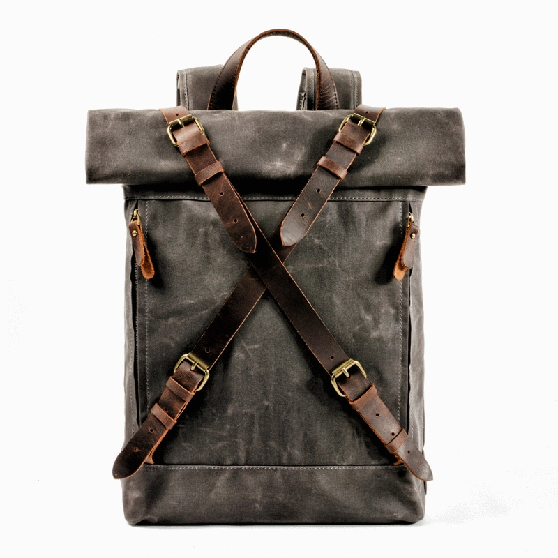 Cool Waxed Canvas Leather Mens 15.6???? Black Hiking Backpack Green Travel Backpack for Men