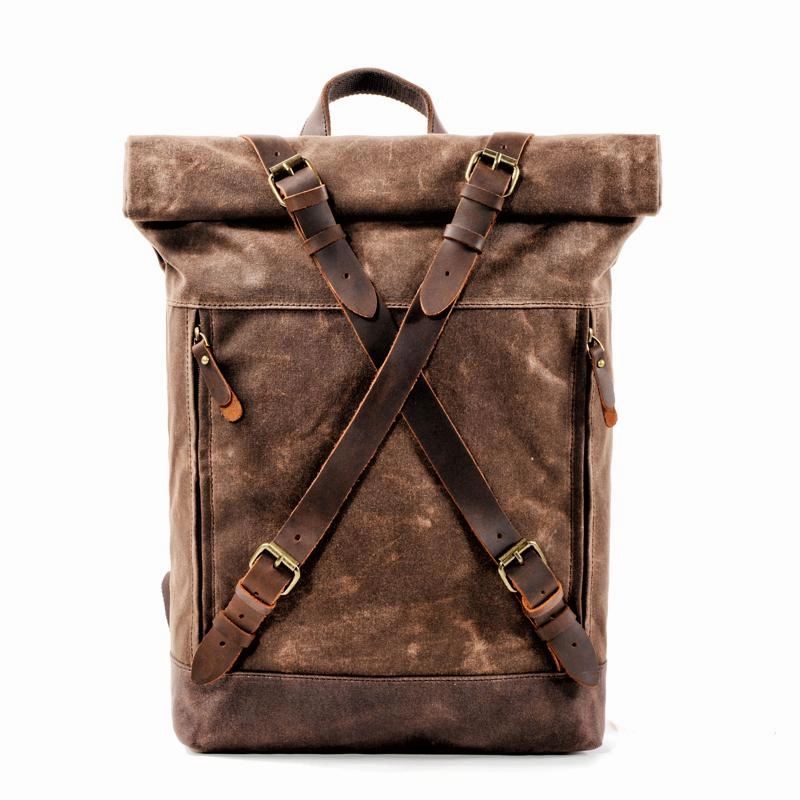 Cool Waxed Canvas Leather Mens 15.6???? Black Hiking Backpack Green Travel Backpack for Men
