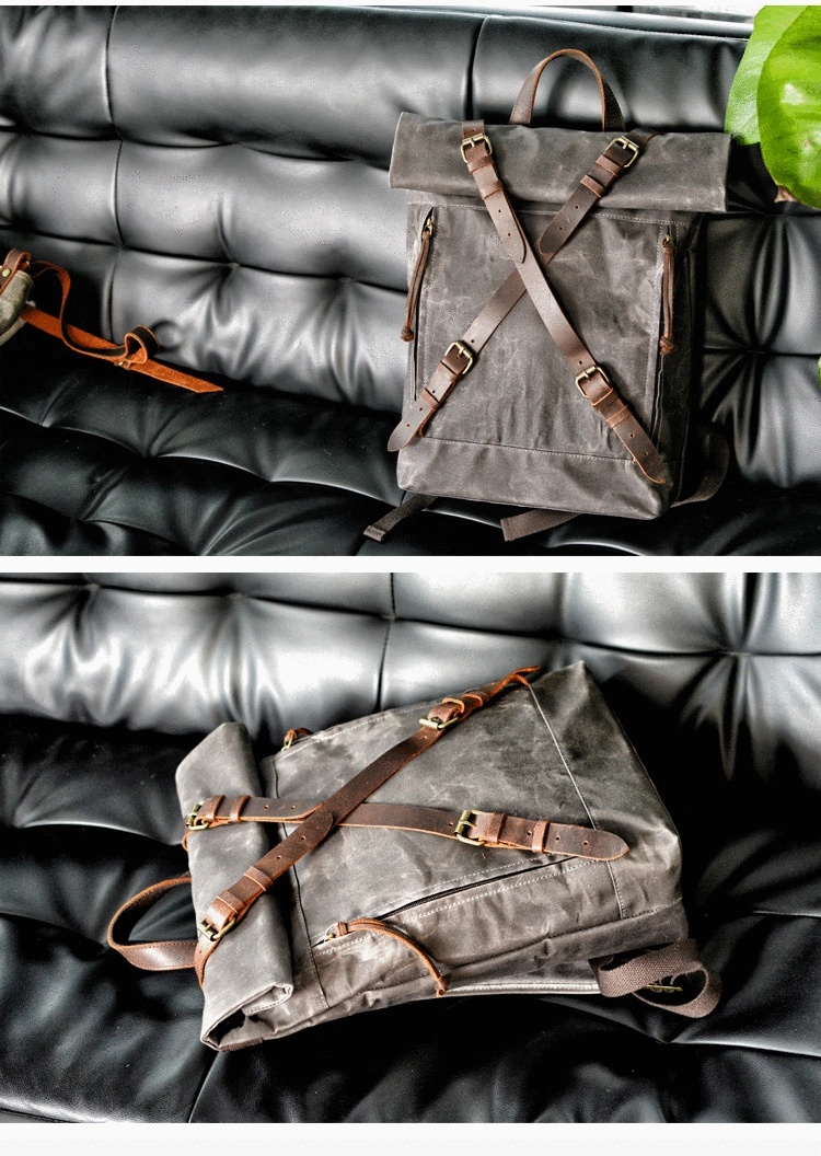 Cool Waxed Canvas Leather Mens 15.6???? Black Hiking Backpack Green Travel Backpack for Men