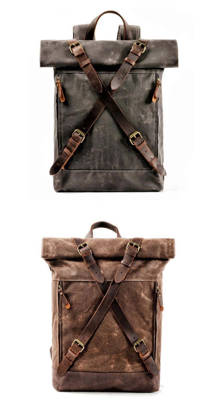 Cool Waxed Canvas Leather Mens 15.6???? Black Hiking Backpack Green Travel Backpack for Men