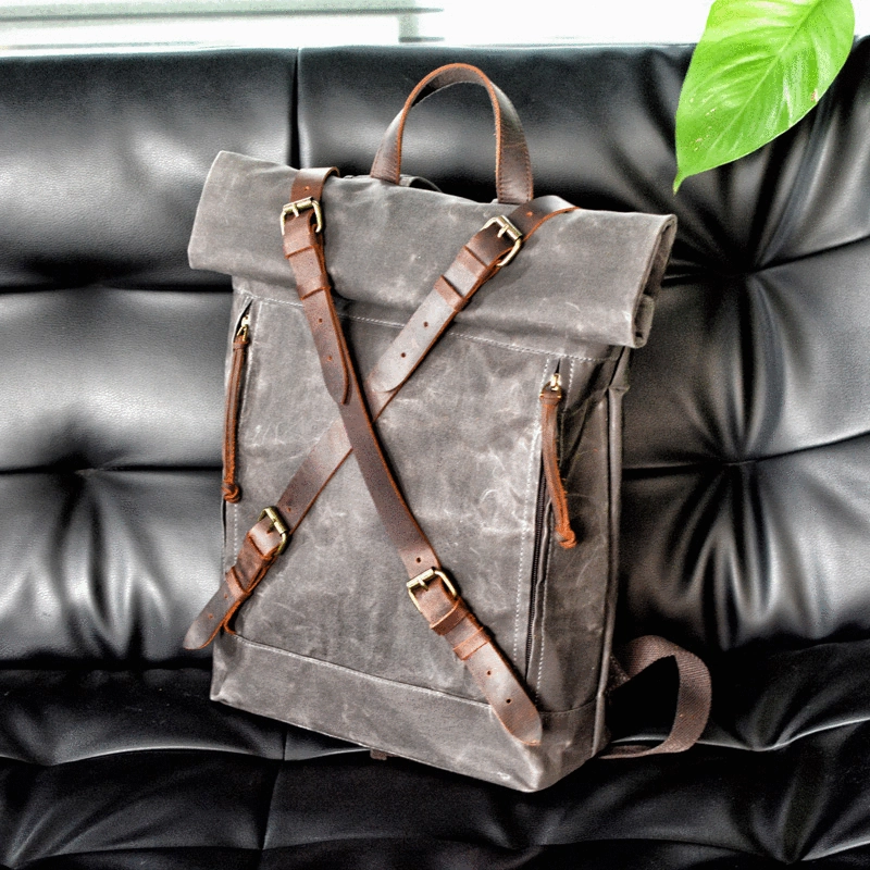 Cool Waxed Canvas Leather Mens 15.6???? Black Hiking Backpack Green Travel Backpack for Men