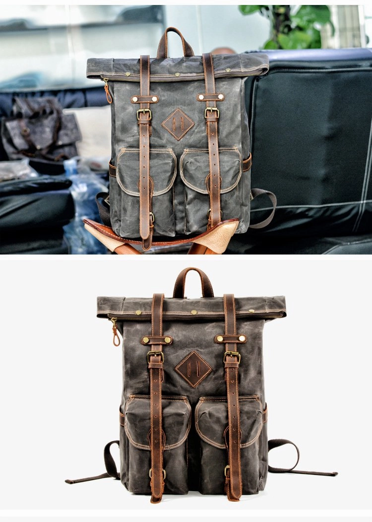 Cool Waxed Canvas Leather Mens Waterproof 16???? Large Hiking Backpack Travel Backpack for Men