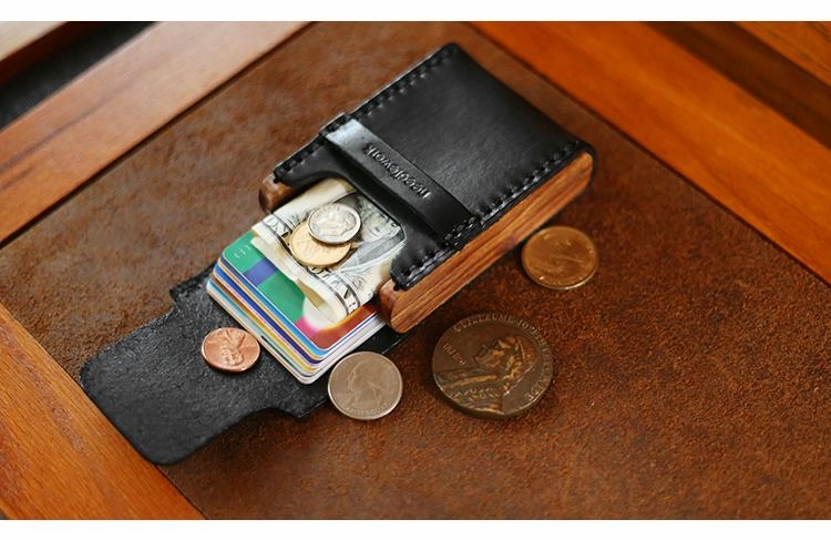 Cool Wooden Leather Black Mens Wallet Small Card Holder Coin Wallet for Men
