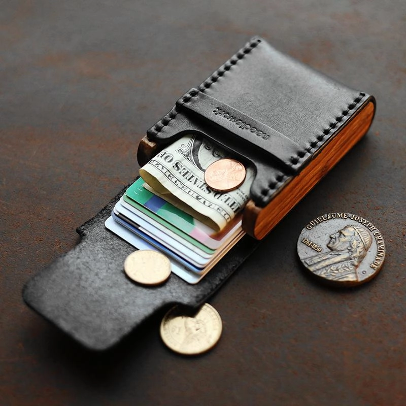 Cool Wooden Leather Black Mens Wallet Small Card Holder Coin Wallet for Men