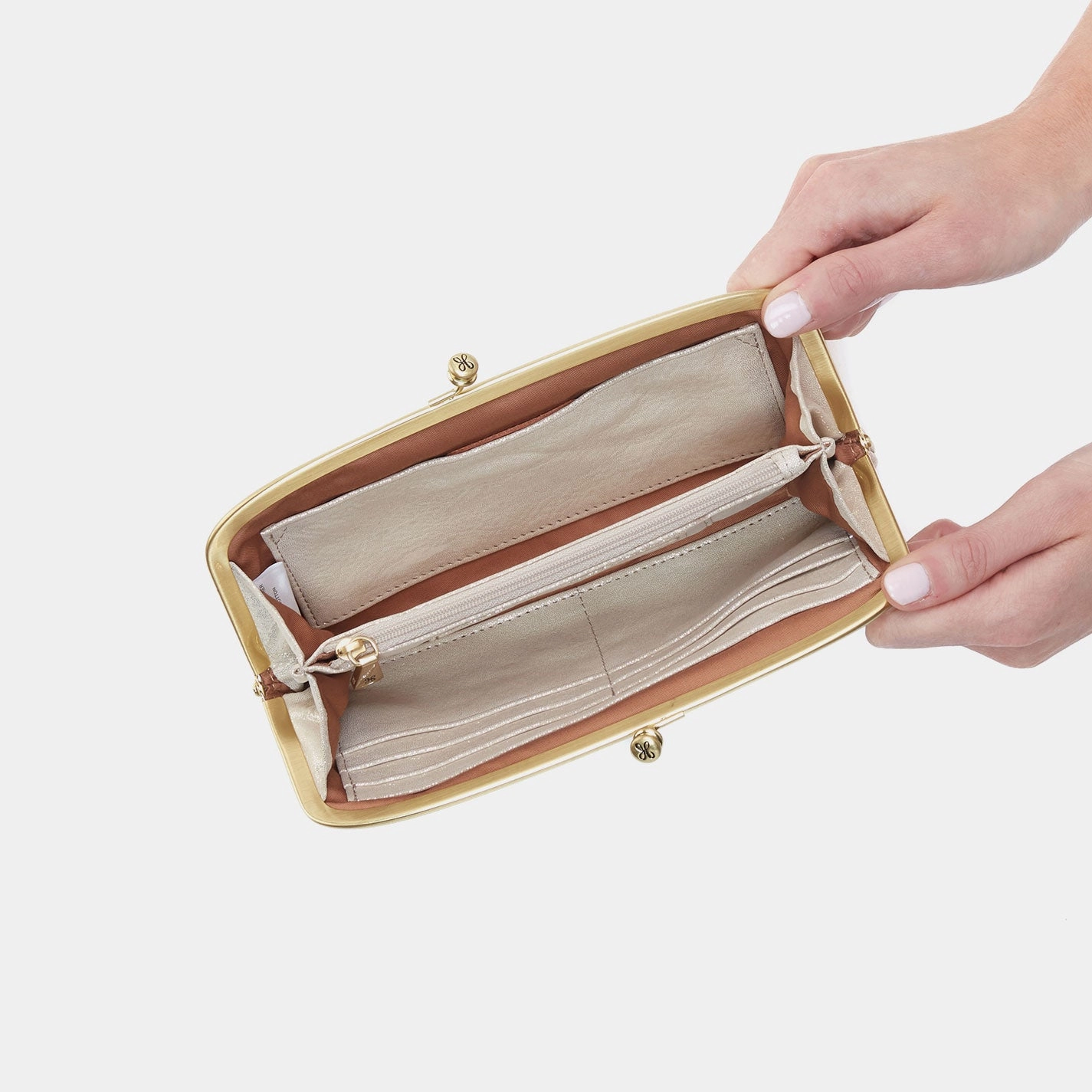 Cora Large Frame Wallet In Metallic Leather - Sand Shimmer