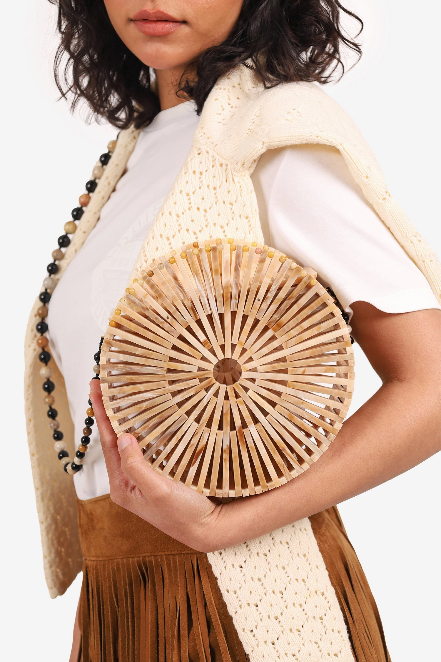 Cult Gaia Beige Acrylic Luna Beaded Crossbody