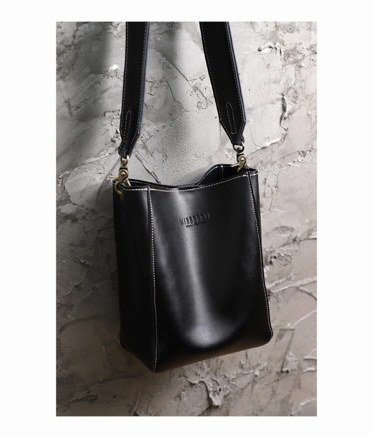 Cute Black LEATHER WOMEN Bucket SHOULDER BAG Barrel Crossbody Purses FOR WOMEN