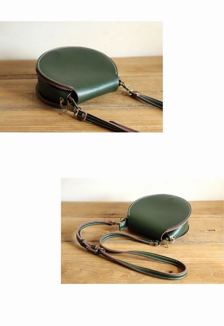 Cute Green LEATHER Around Side Bag Handmade WOMEN Circle Crossbody BAG Phone Purse FOR WOMEN