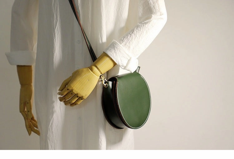 Cute Green LEATHER Around Side Bag Handmade WOMEN Circle Crossbody BAG Phone Purse FOR WOMEN