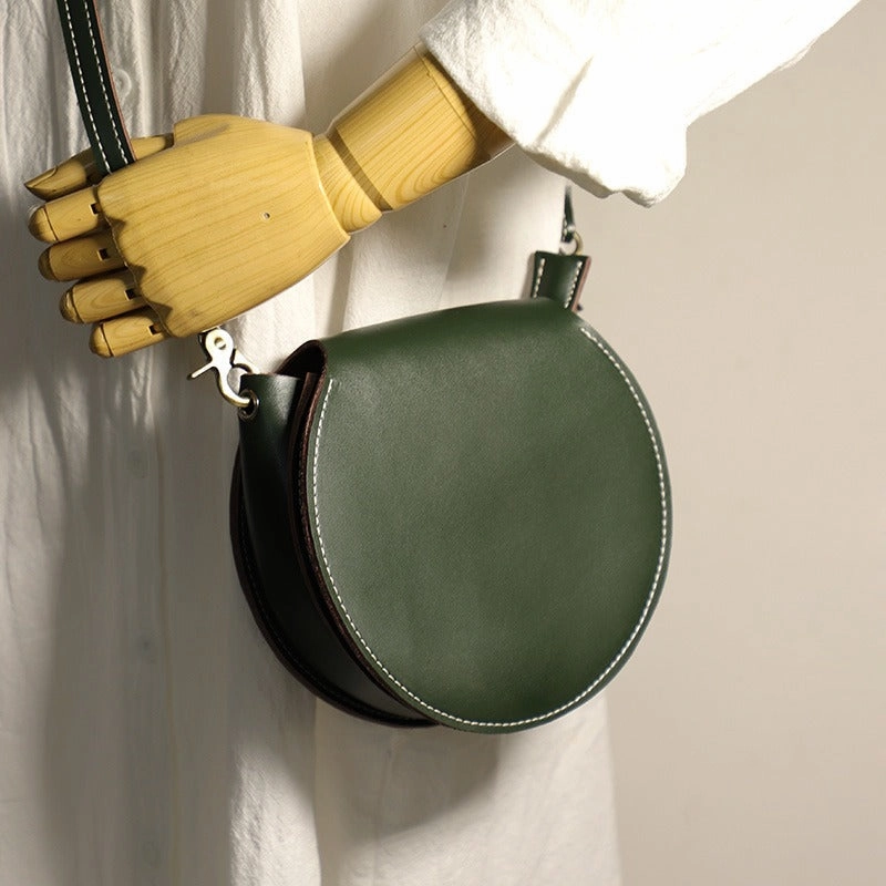 Cute Green LEATHER Around Side Bag Handmade WOMEN Circle Crossbody BAG Phone Purse FOR WOMEN