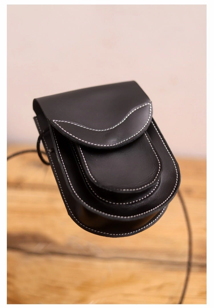 Cute LEATHER Saddle Side Bag WOMEN Black SHOULDER BAG Small Crossbody Purse FOR WOMEN