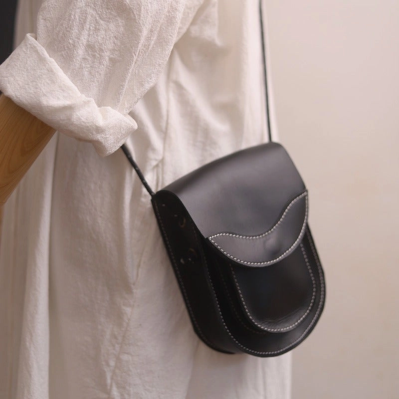 Cute LEATHER Saddle Side Bag WOMEN Black SHOULDER BAG Small Crossbody Purse FOR WOMEN