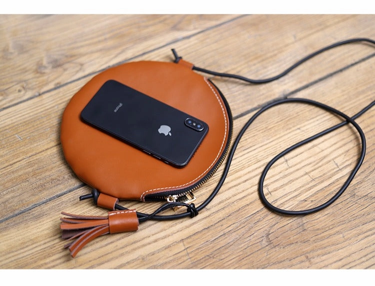 Cute Round LEATHER Slim Side Bag Black WOMEN Circle SHOULDER BAG Small Crossbody Purse FOR WOMEN