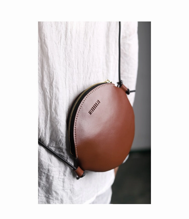 Cute Round LEATHER Slim Side Bag Black WOMEN Circle SHOULDER BAG Small Crossbody Purse FOR WOMEN