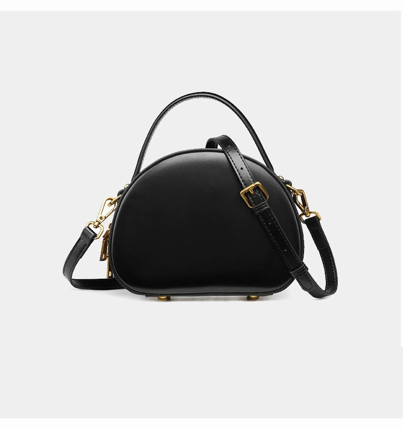 Cute Womens Black Leather Half Round Crossbody Purse Handbag Round Black Shoulder Bag for Women