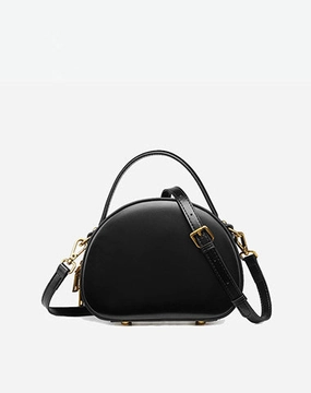 Cute Womens Black Leather Half Round Crossbody Purse Handbag Round Black Shoulder Bag for Women