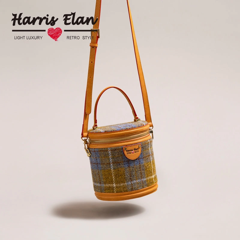 Cute Womens Black Leather Tweed Bucket Handbag Barrel Crossbody Purse Handmade Round Shoulder Bag for Women