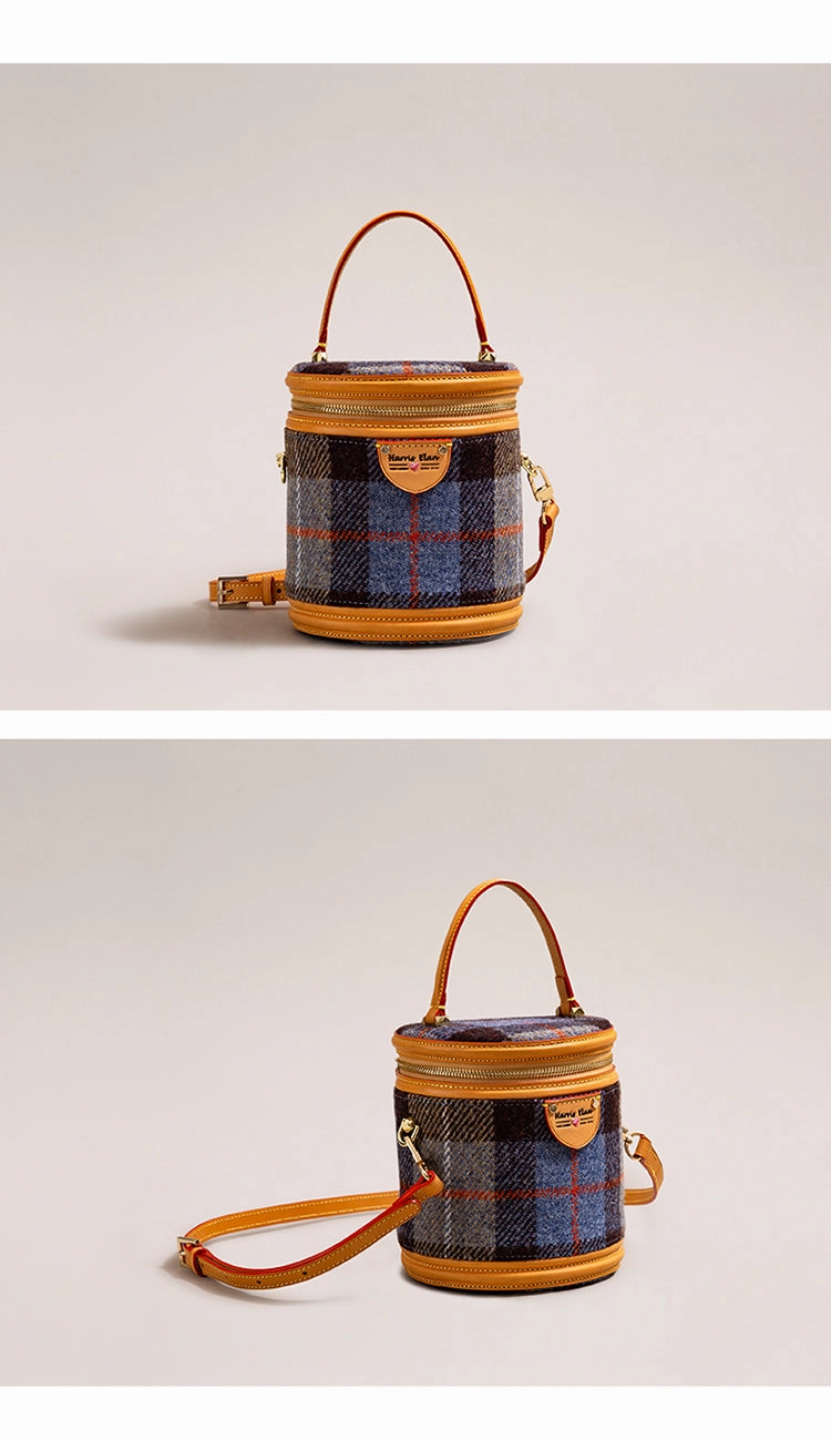 Cute Womens Black Leather Tweed Bucket Handbag Barrel Crossbody Purse Handmade Round Shoulder Bag for Women