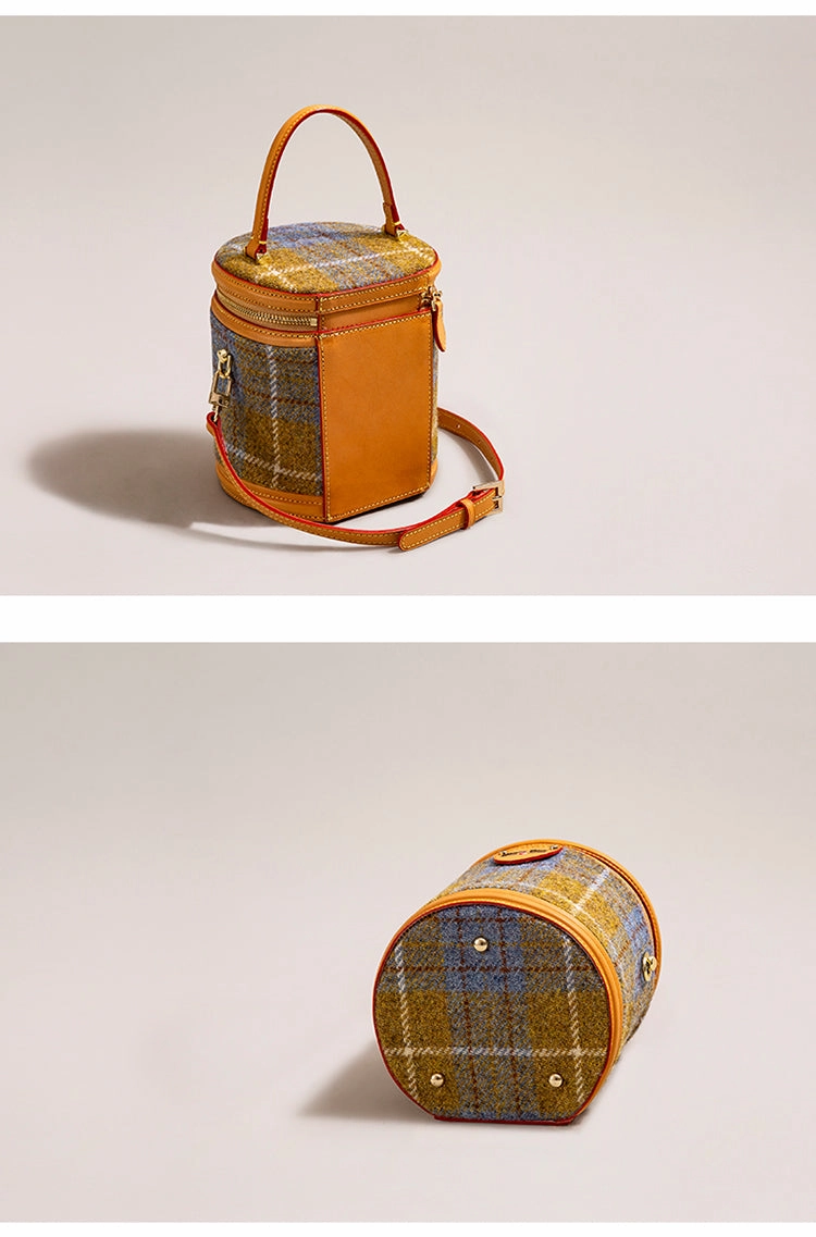 Cute Womens Black Leather Tweed Bucket Handbag Barrel Crossbody Purse Handmade Round Shoulder Bag for Women