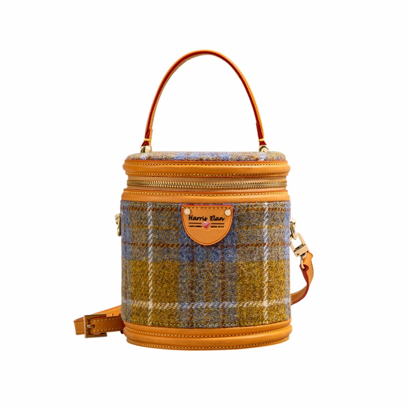 Cute Womens Black Leather Tweed Bucket Handbag Barrel Crossbody Purse Handmade Round Shoulder Bag for Women