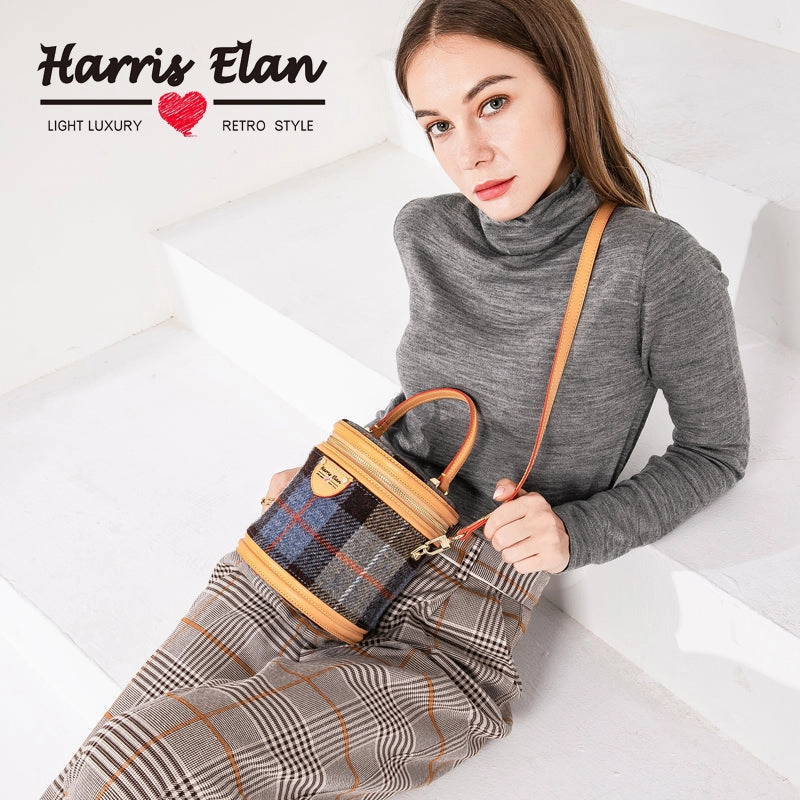 Cute Womens Black Leather Tweed Bucket Handbag Barrel Crossbody Purse Handmade Round Shoulder Bag for Women