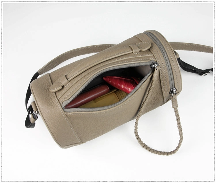 Cute Womens Light Gray Leather Bucket Shoulder Purse Barrel Crossbody Bag Purse for Ladies