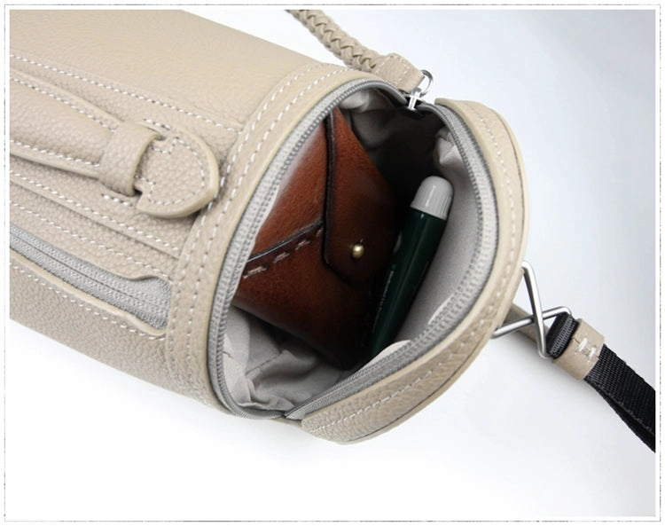 Cute Womens Light Gray Leather Bucket Shoulder Purse Barrel Crossbody Bag Purse for Ladies