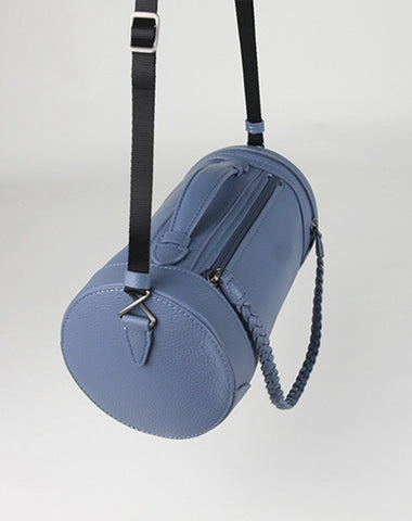 Cute Womens Light Gray Leather Bucket Shoulder Purse Barrel Crossbody Bag Purse for Ladies
