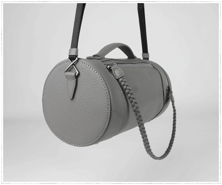 Cute Womens Light Gray Leather Bucket Shoulder Purse Barrel Crossbody Bag Purse for Ladies