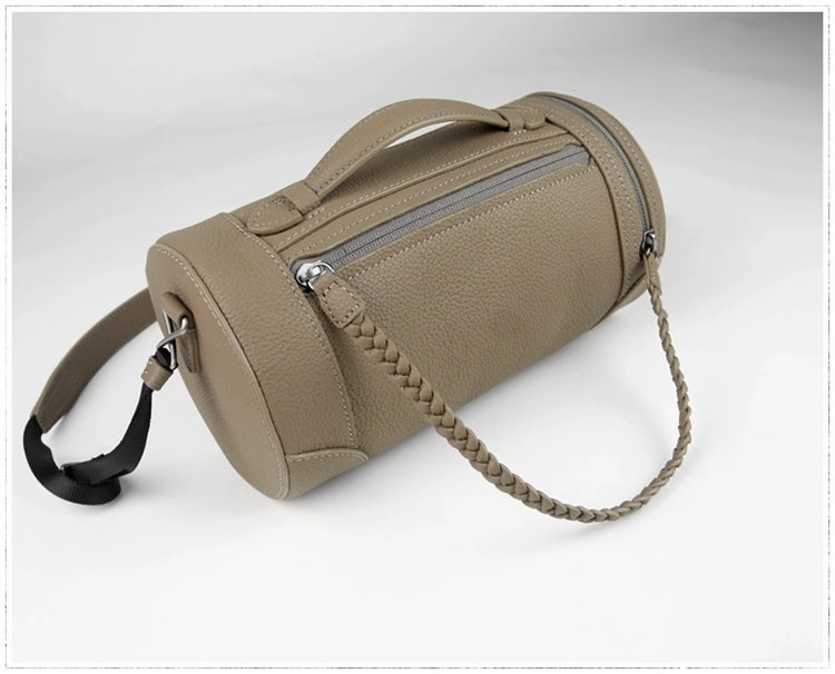Cute Womens Light Gray Leather Bucket Shoulder Purse Barrel Crossbody Bag Purse for Ladies