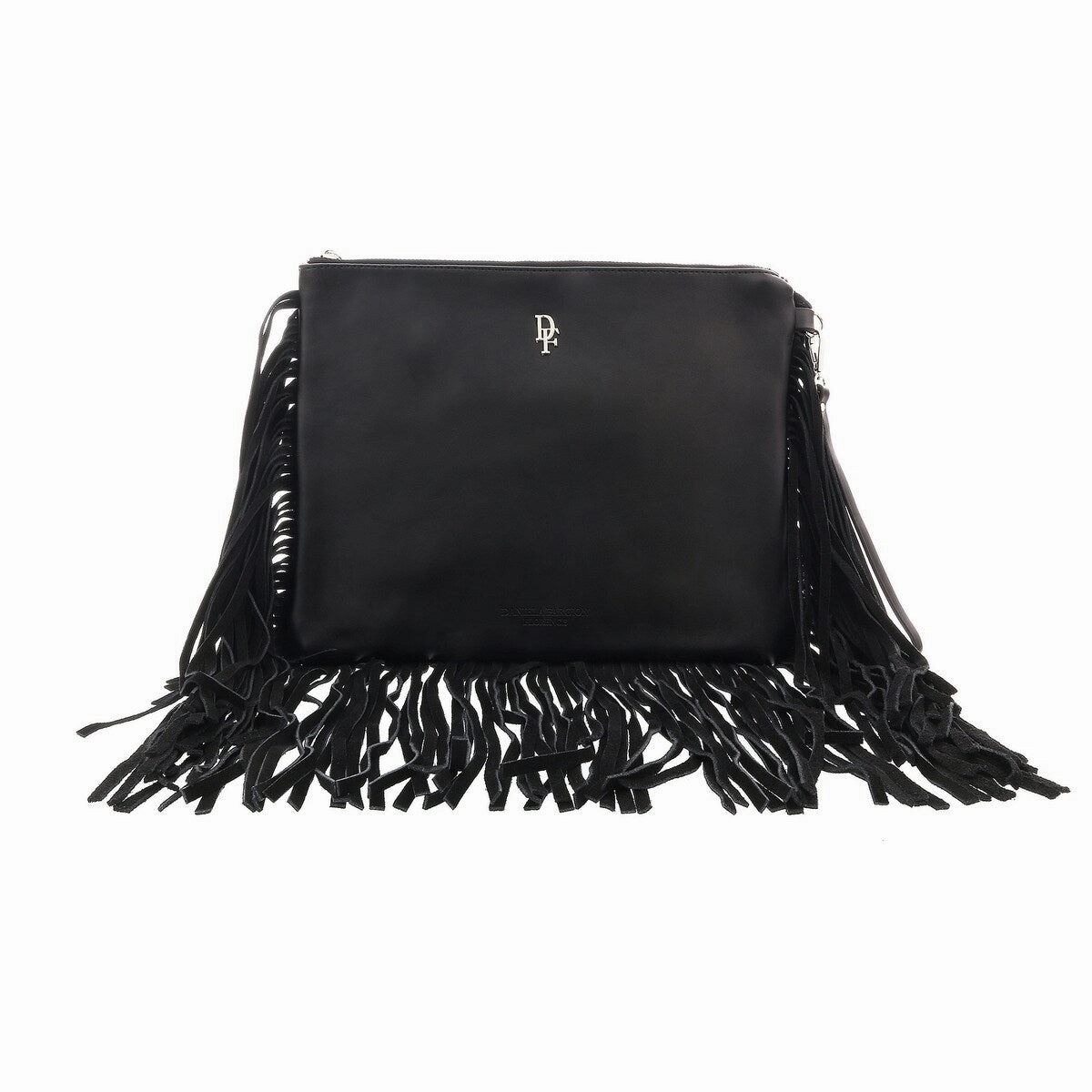 Daniela Fargion Black Leather Suede Fringe Pouch Clutch for womens
