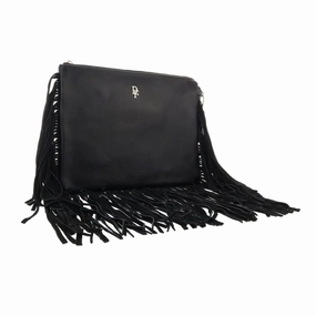 Daniela Fargion Black Leather Suede Fringe Pouch Clutch for womens