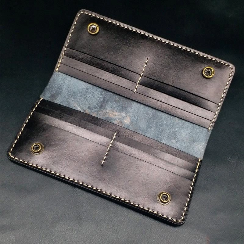Dark Coffee Handmade Tooled Three Skulls Leather Mens Long Wallet Bifold Clutch For Men