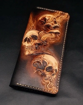 Dark Coffee Handmade Tooled Three Skulls Leather Mens Long Wallet Bifold Clutch For Men