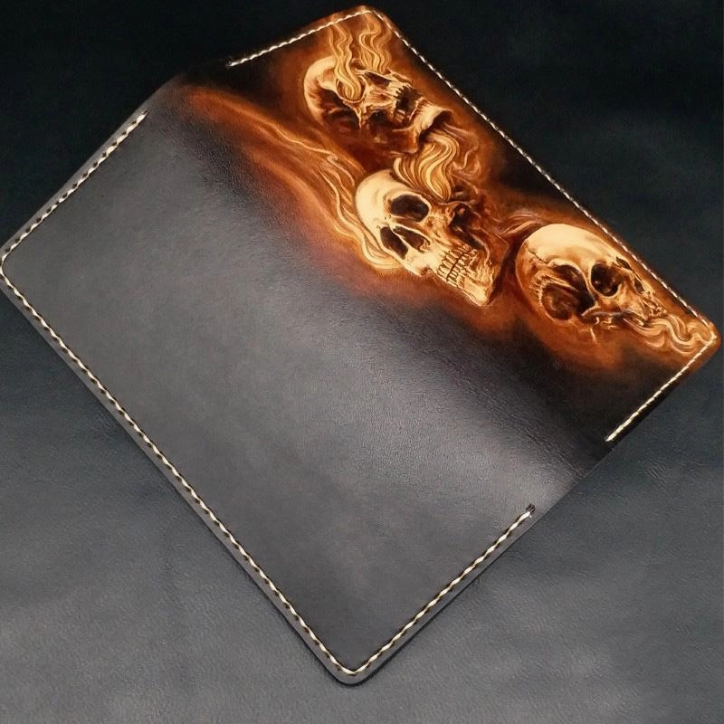 Dark Coffee Handmade Tooled Three Skulls Leather Mens Long Wallet Bifold Clutch For Men