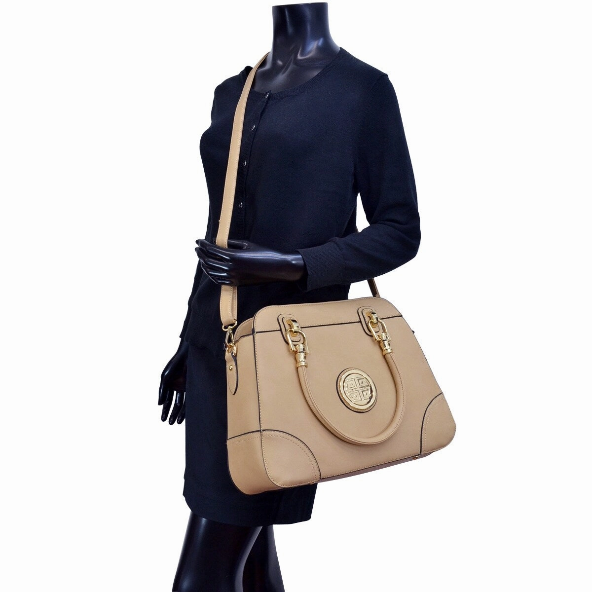 Dasein Emblem Metal Hinge Handle Bag Faux Leather Removable Shoulder Strap 13in W